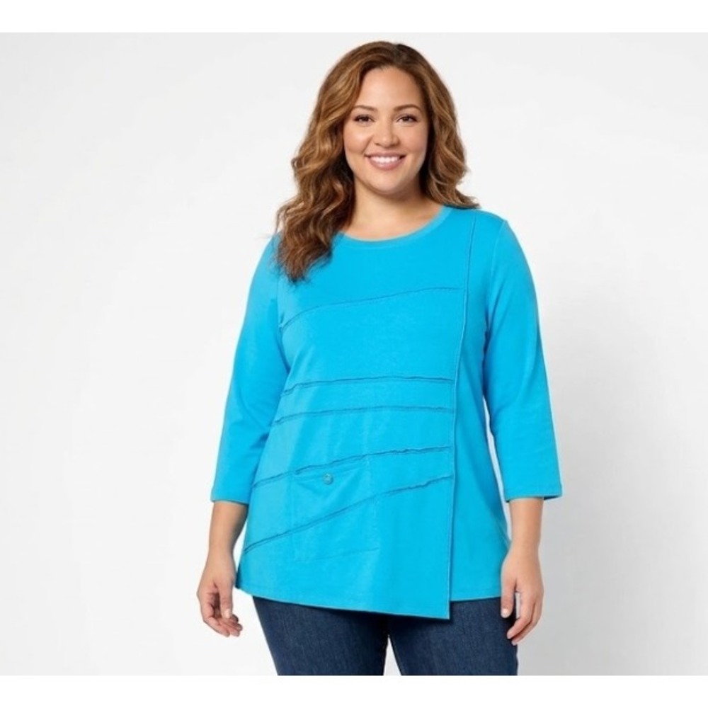 Erin London Large Blue Tiered Detail Asymmetric 3/4 Sleeve Knit Stretch Top